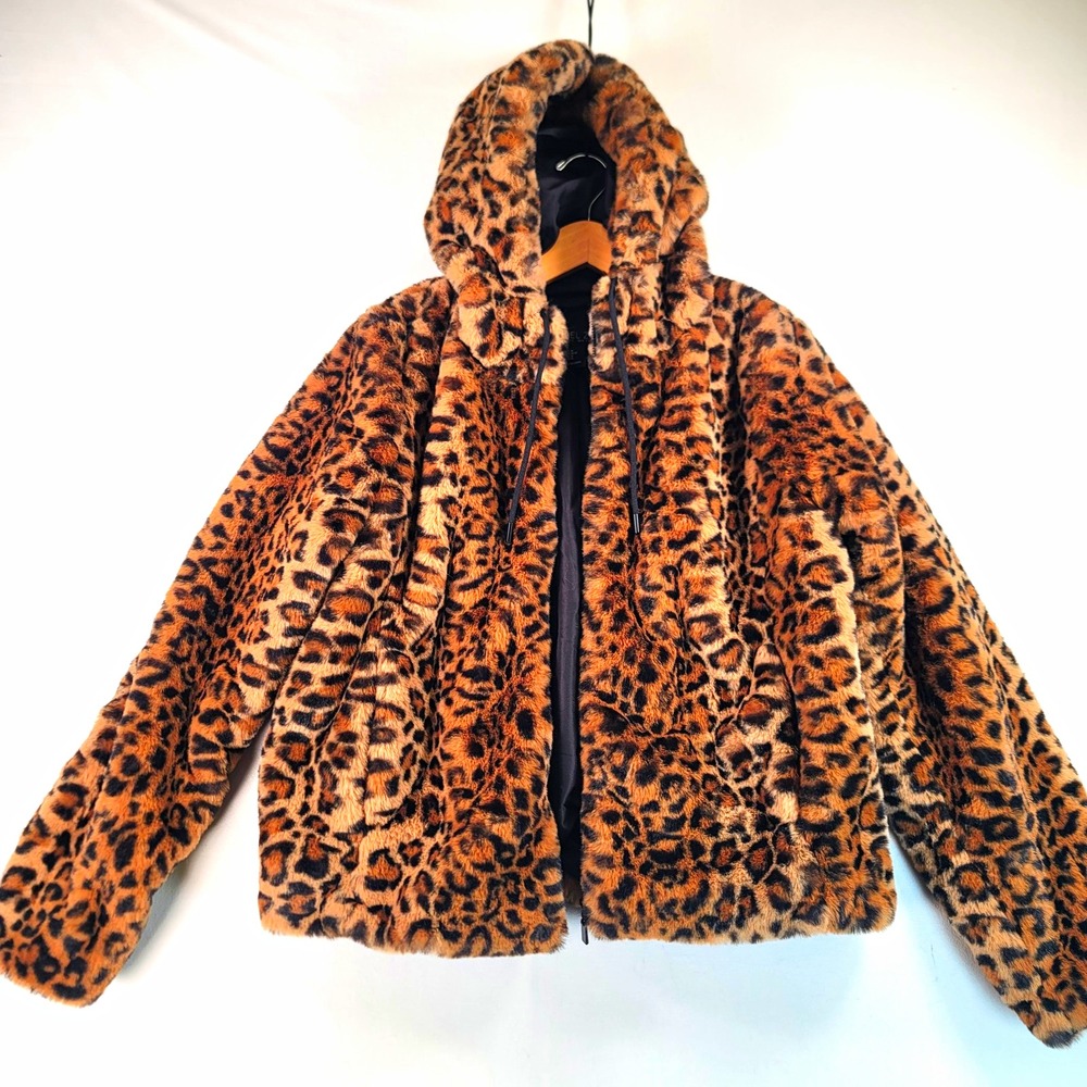Rachel Zoe Womens M Leopard Faux Fur Hooded Jacket Animal Print Zip Coat